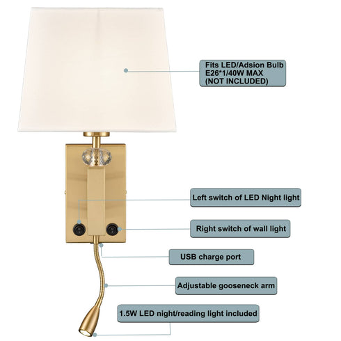 Set of 2 Modern Brass Gold with White Fabric Wall Sconces with USB Charging Port|Twin on/off Switch|LED Reading Light for bedroom